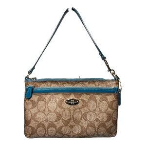 Coach East/West Teal & Tan Coated Canvas Large Wristlet with Pouch EUC!